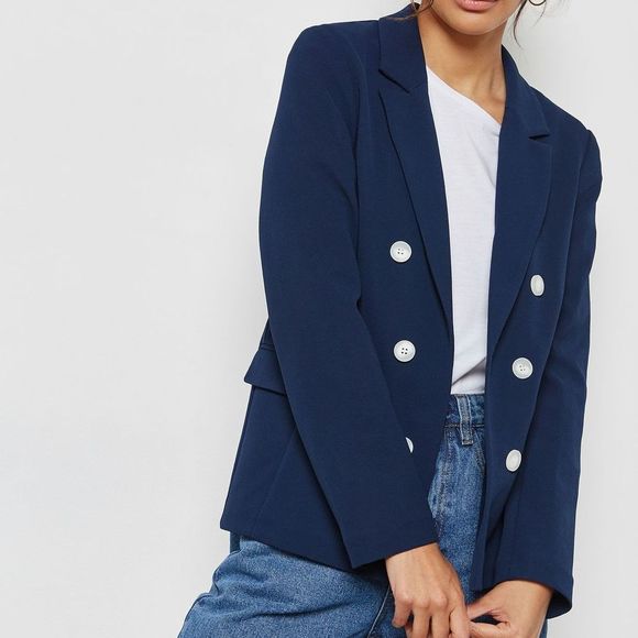 Topshop Jackets & Blazers - Topshop Blue Double Breasted Mock Buttons Blazer